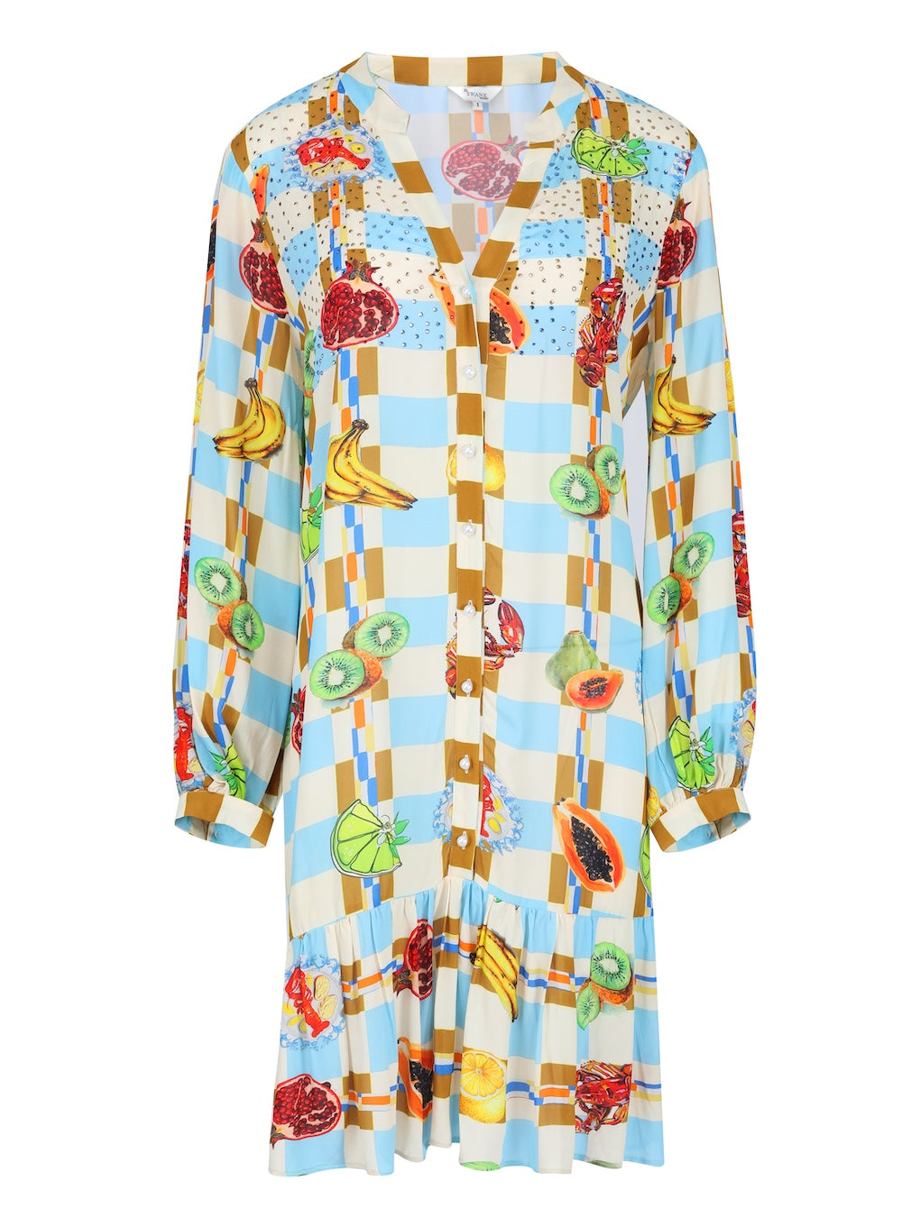 Front view of the Green, Yellow and Orange Lucciano Ava Dress (TheSwankStore) Soft Viscose fabric