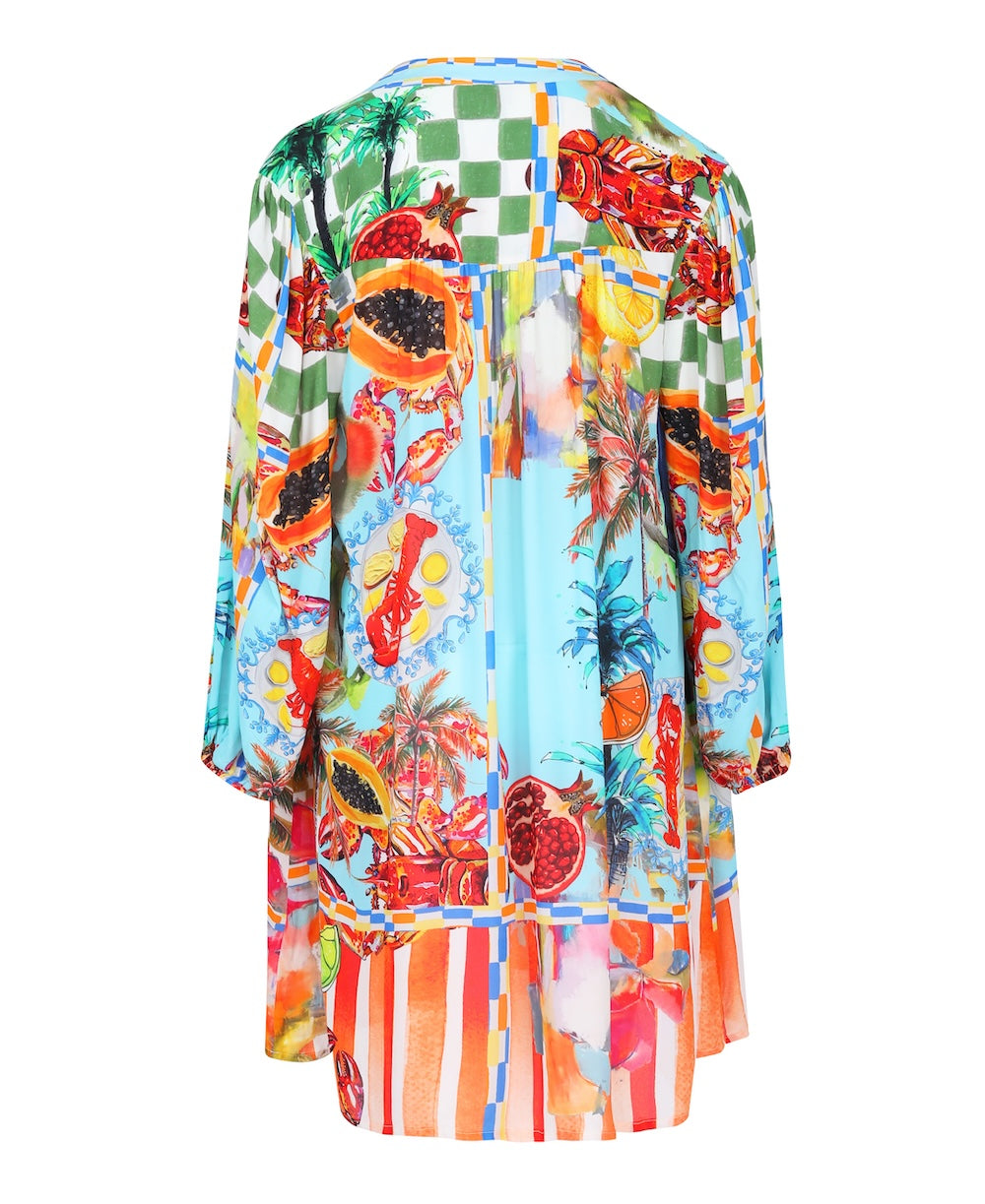 Back view of the Green, Yellow and Orange Lucciano Blouson Tunic Dress (TheSwankStore) Soft Viscose fabric