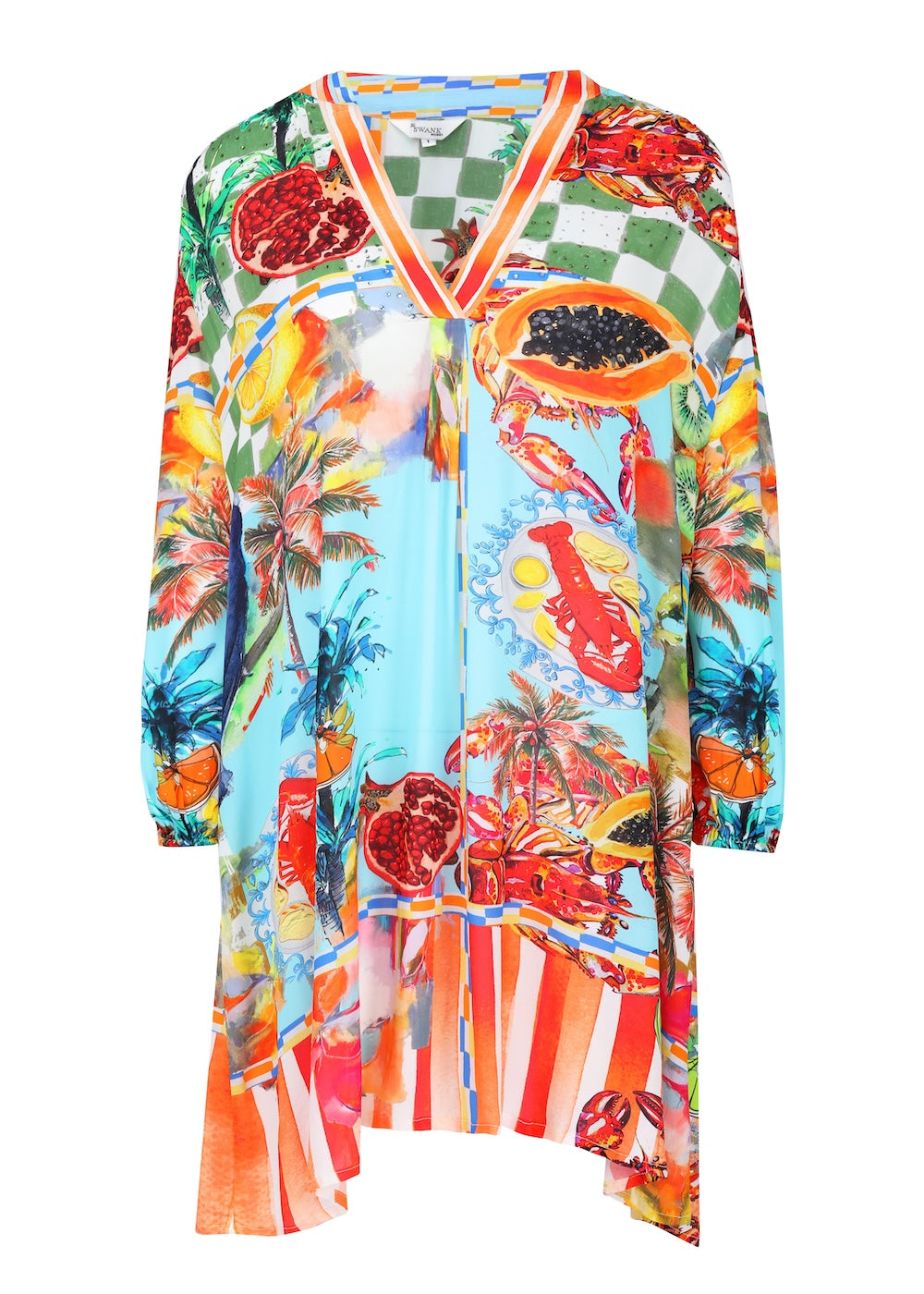 Front view of the Green, Yellow and Orange Lucciano Blouson Tunic Dress (TheSwankStore) Soft Viscose fabric