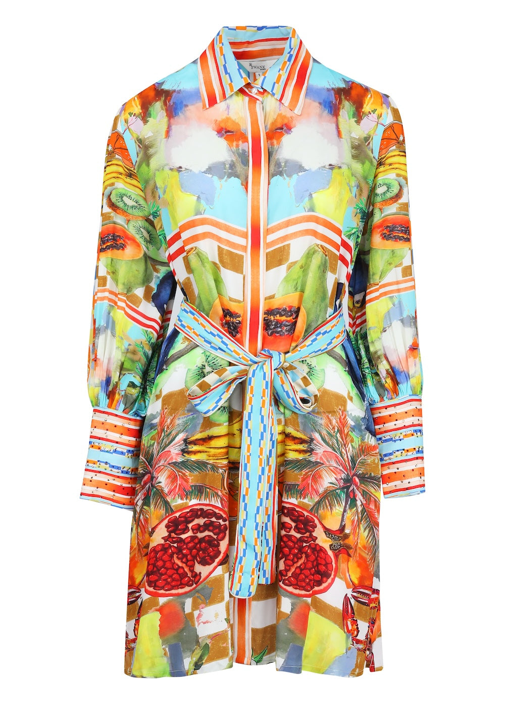 Front view of the Green, Yellow and Orange Lucciano Shirt Dress (TheSwankStore) Soft Viscose fabric