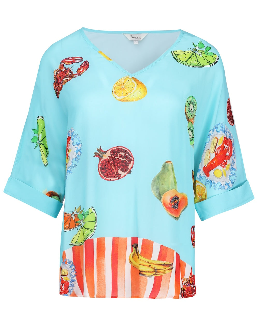 Front view of the Green, Yellow and Orange Lucciano Kaftan Top (Shorter Style) (TheSwankStore) Soft Viscose fabric