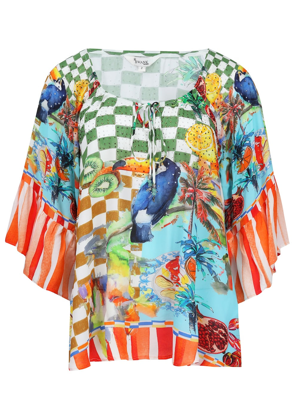 Front view of the Green, Yellow and Orange Lucciano Gypsy Tunic (TheSwankStore) Soft Viscose fabric