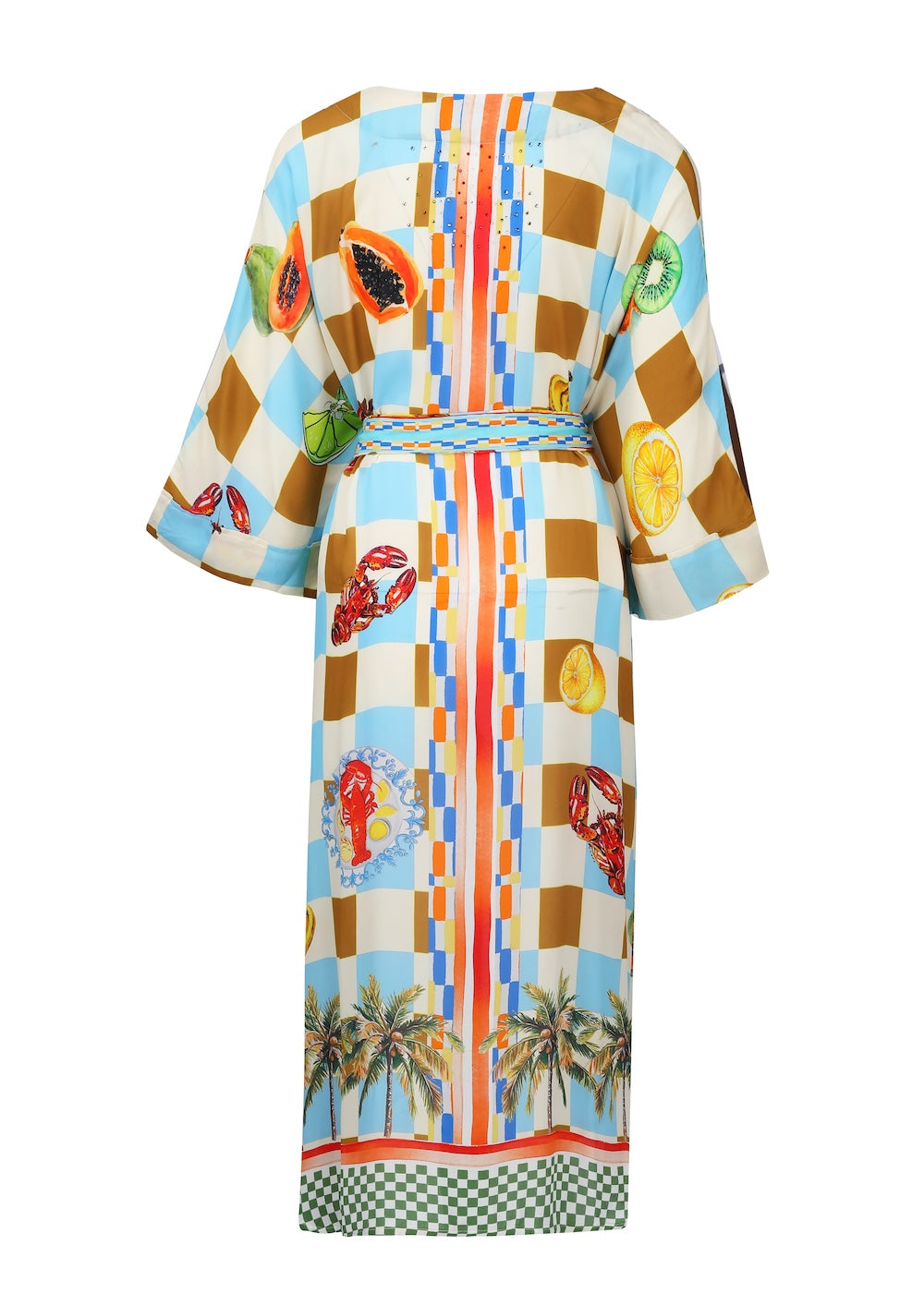 Back view of the Green, Yellow and Orange Lucciano Midi Dress With Short Sleeve (TheSwankStore) Soft Viscose fabric