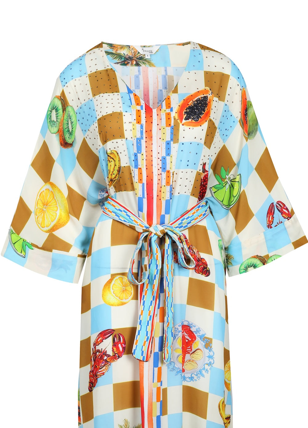 Front view of the Green, Yellow and Orange Lucciano Midi Dress With Short Sleeve (TheSwankStore) Soft Viscose fabric