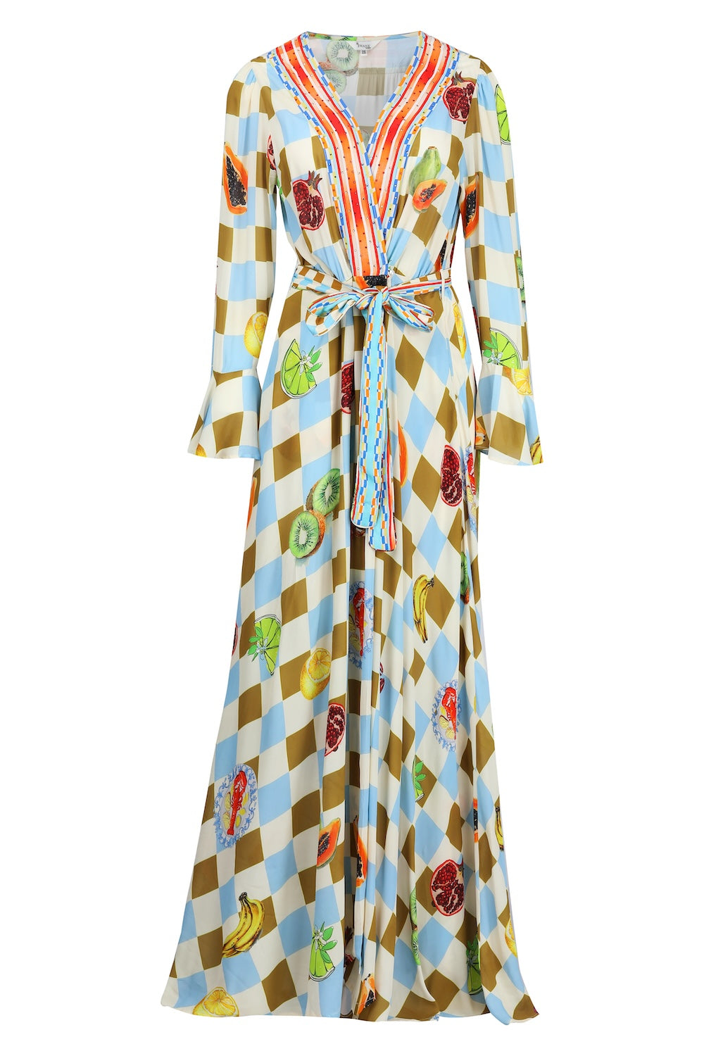 Front view of the Green, Yellow and Orange Lucciano Luxe Robe Gown (TheSwankStore) Soft Viscose fabric