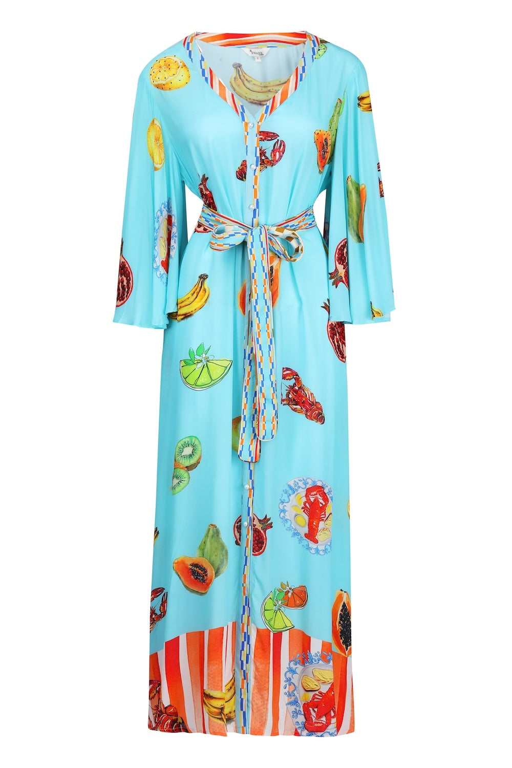 Front view of the Green, Yellow and Orange Lucciano Maxi Sun Dress (TheSwankStore) Soft Viscose fabric