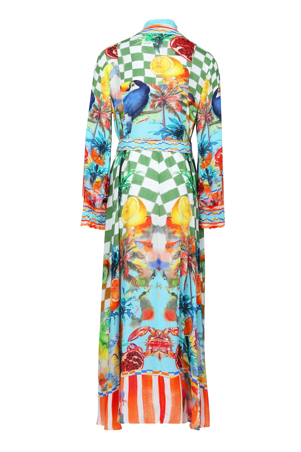 Back view of the Green, Yellow and Orange Lucciano Long Freya Dress (TheSwankStore) Soft Viscose fabric