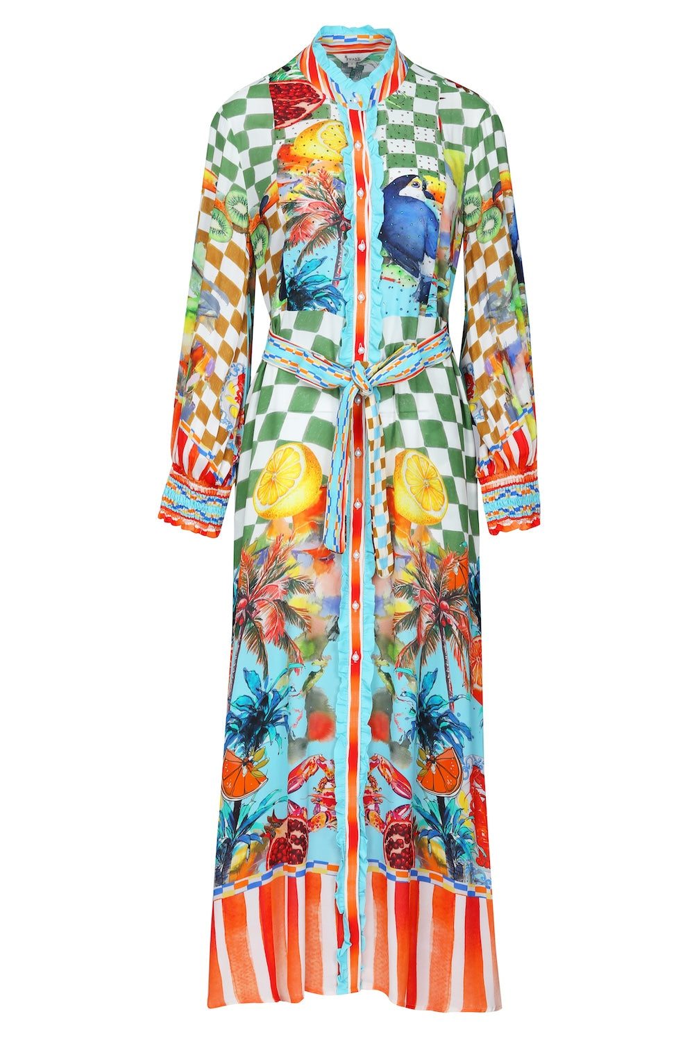 Front view of the Green, Yellow and Orange Lucciano Long Freya Dress (TheSwankStore) Soft Viscose fabric