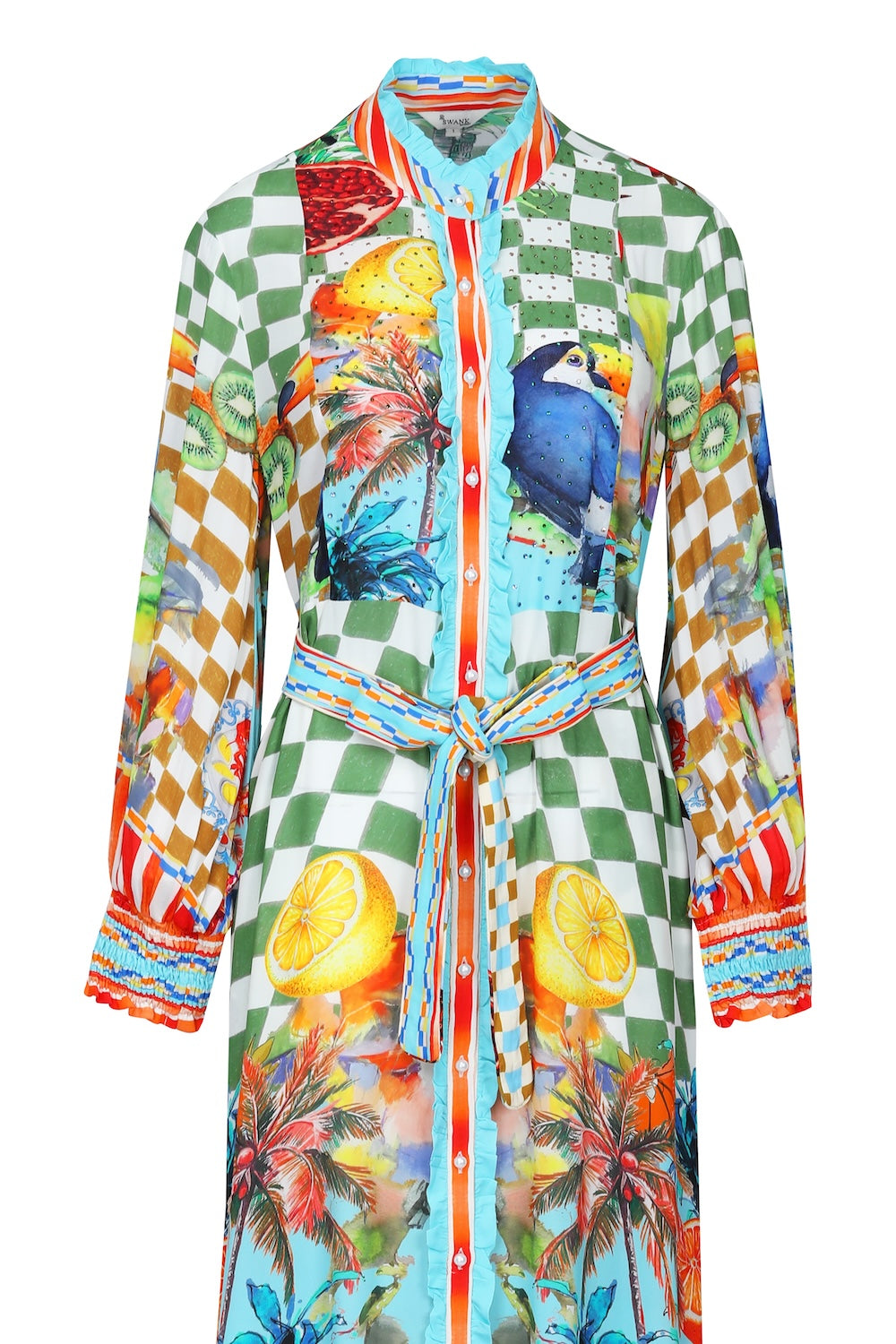 Front view of the Green, Yellow and Orange Lucciano Long Freya Dress (TheSwankStore) Soft Viscose fabric