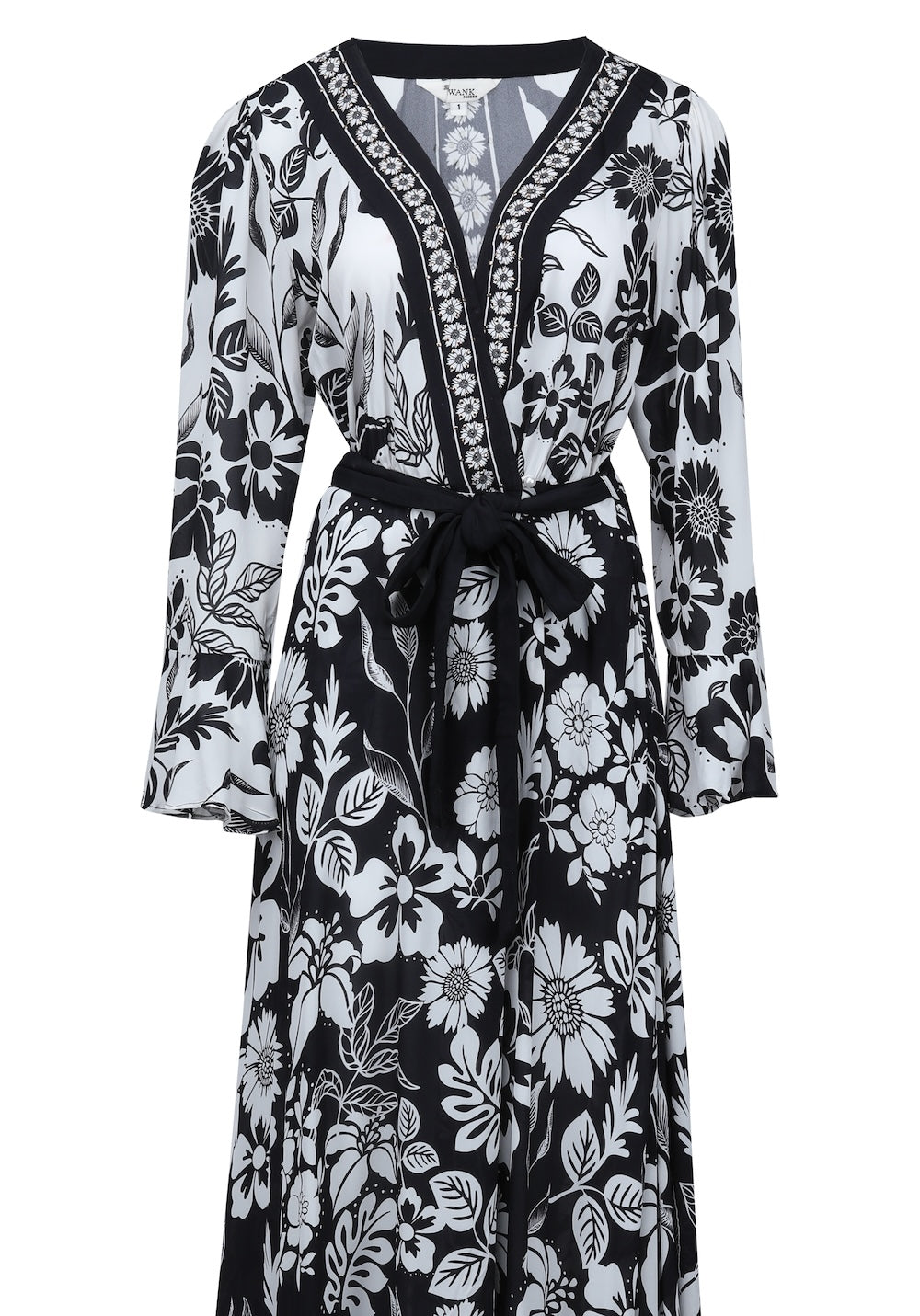 Front view of the black and white Avanti Luxe Robe Dress (TheSwankStore) Viscose Crepe fabric