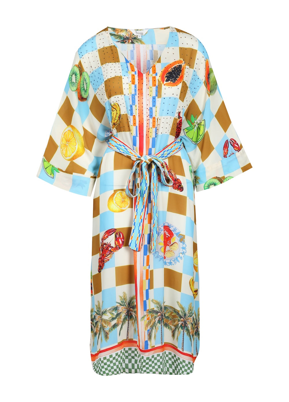 Front view of the Green, Yellow and Orange Lucciano Midi Dress With Short Sleeve (TheSwankStore) Soft Viscose fabric