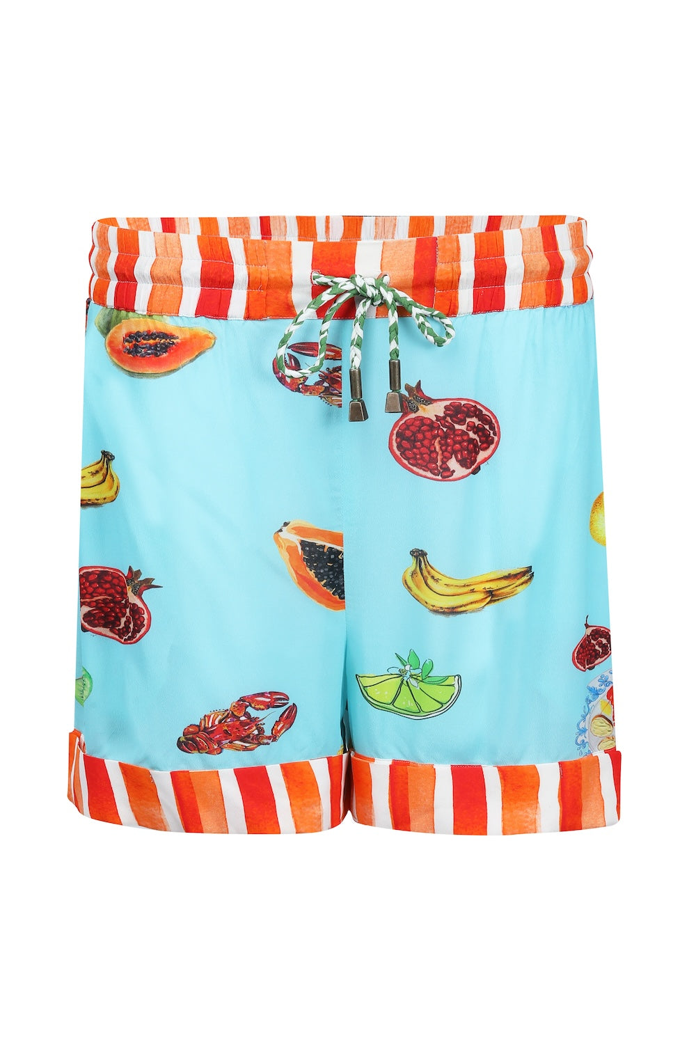 Front view of the Green, Yellow and Orange Lucciano Martha Shorts (TheSwankStore) Soft Viscose fabric