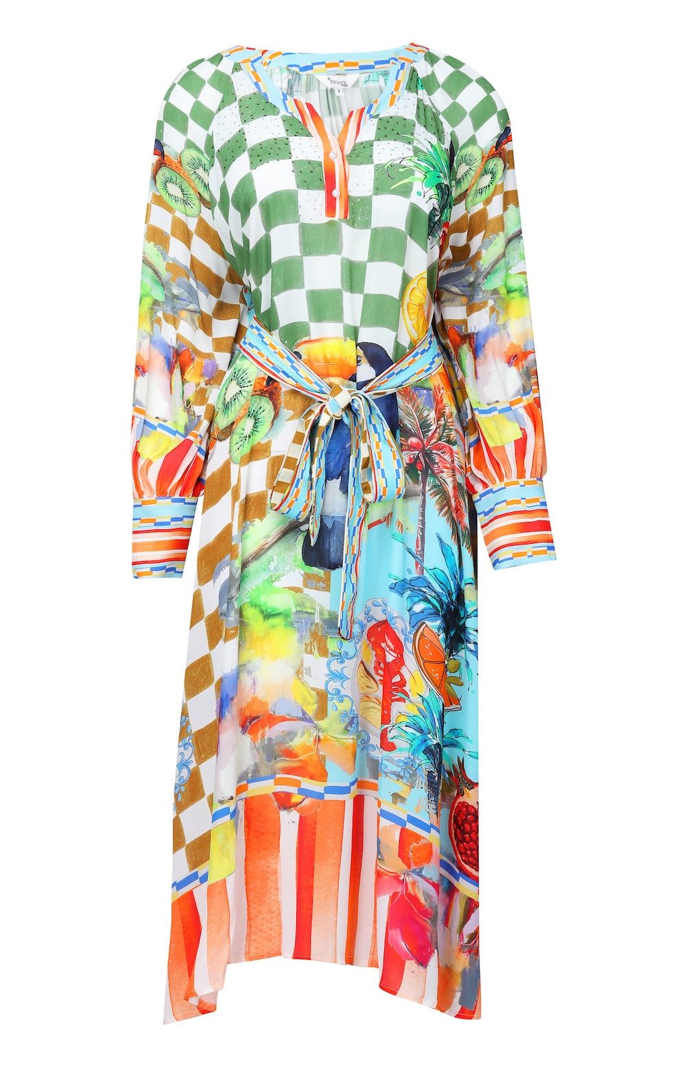 Front view of the Green, Yellow and Orange Lucciano Smock Dress (TheSwankStore) Soft Viscose fabric