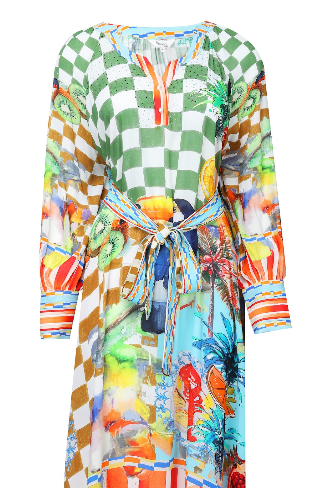 Front view of the Green, Yellow and Orange Lucciano Smock Dress (TheSwankStore) Soft Viscose fabric
