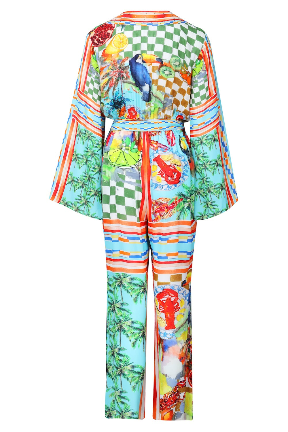 Back view of the Green, Yellow and Orange Lucciano Luxe Jumpsuit (TheSwankStore) Soft Viscose fabric