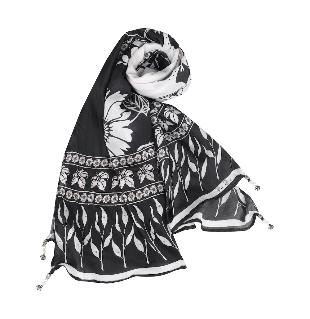 Black and white Avanti Silk Scarf (TheSwankStore) Viscose Crepe fabric