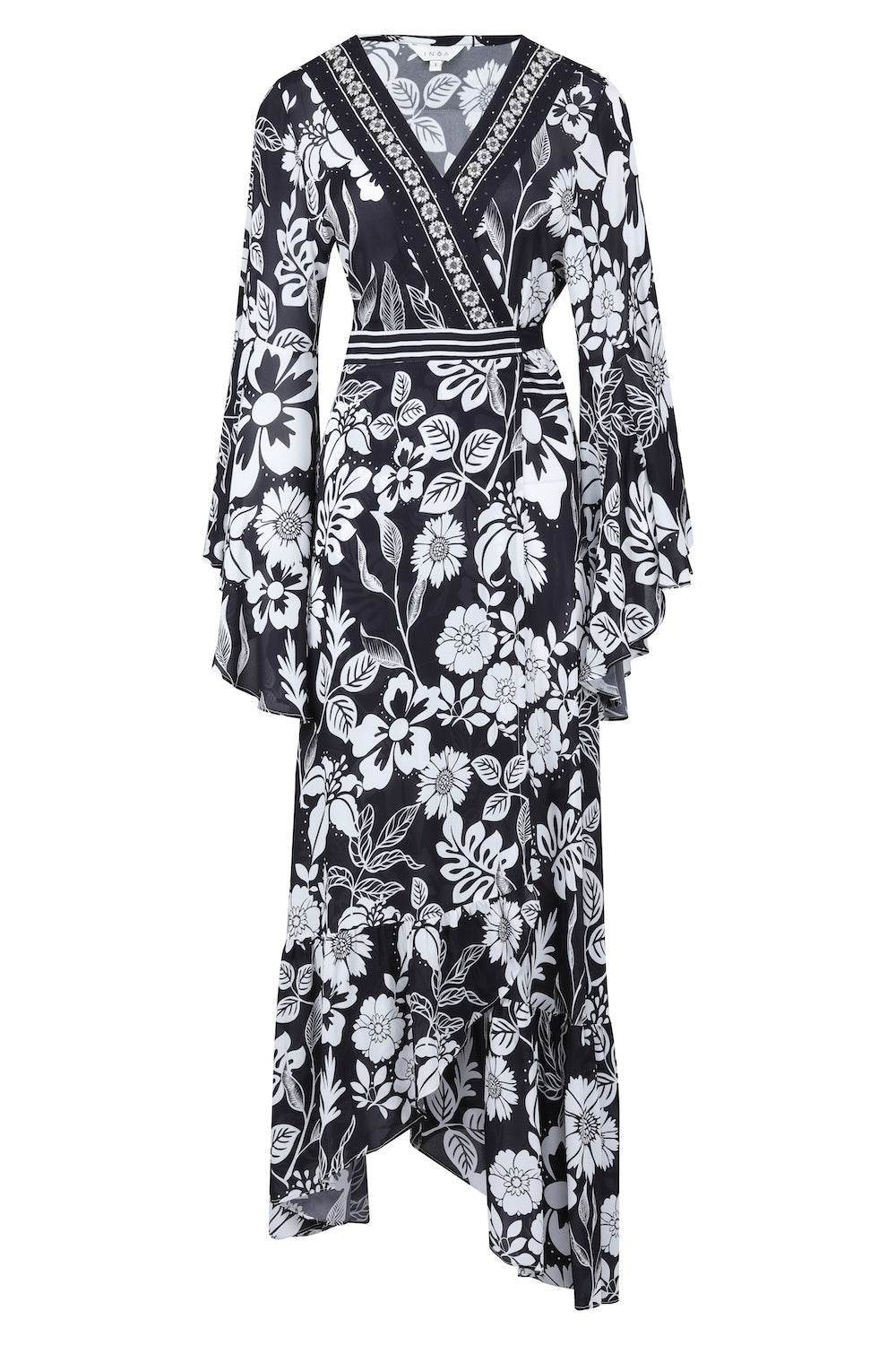 Front view of the black and white AVANTI - DAISY DRESS Modern design with Viscose fabric