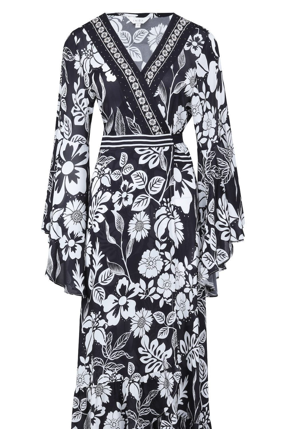 Front view of the black and white AVANTI - DAISY DRESS Modern design with Viscose fabric