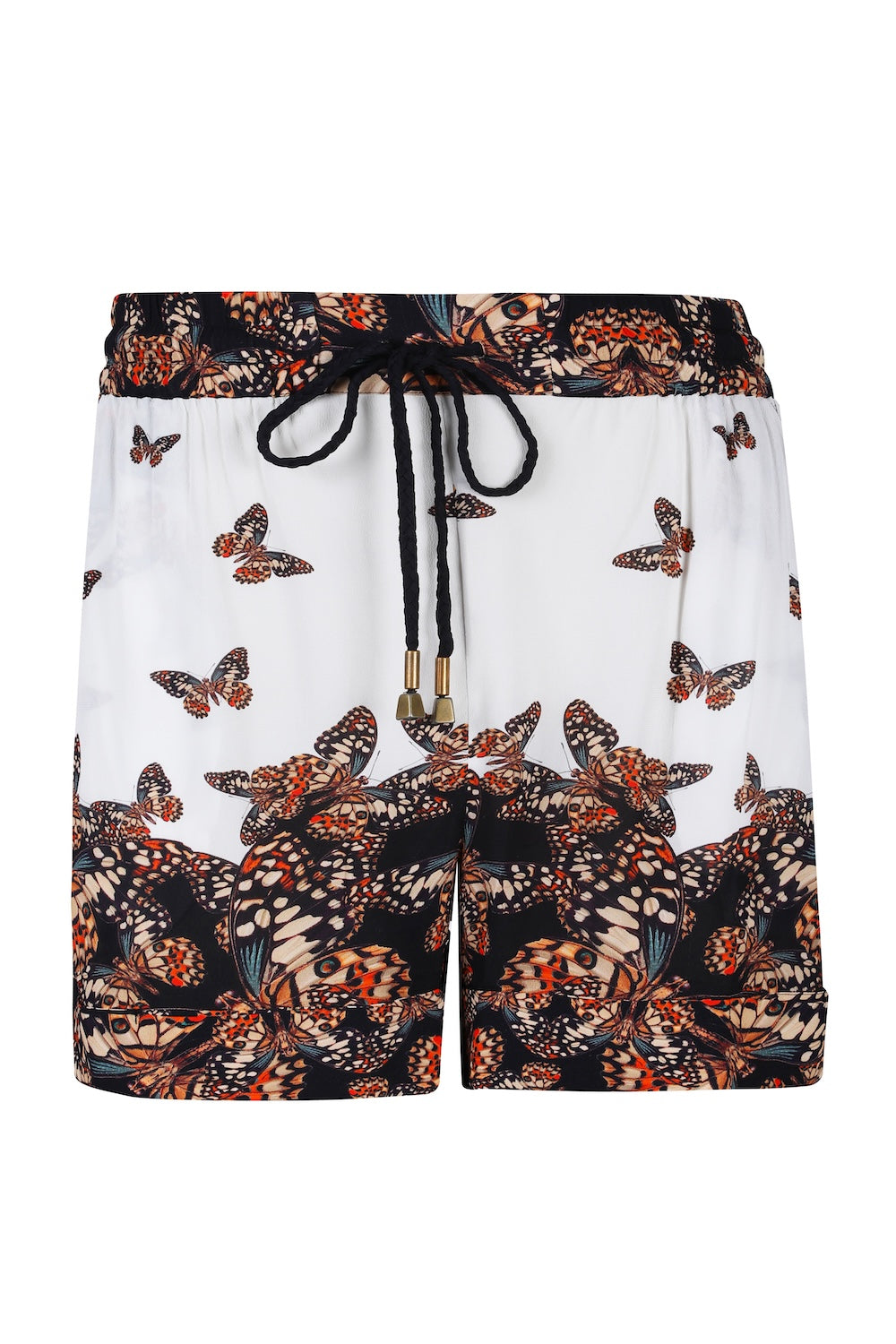 Front view of the Orange, White & Black Corasone Martha Shorts (TheSwankStore) Soft Viscose fabric