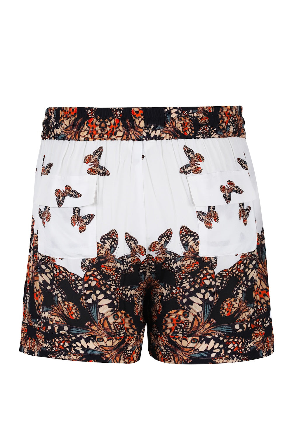 Back view of the Orange, White & Black Corasone Martha Shorts (TheSwankStore) Soft Viscose fabric