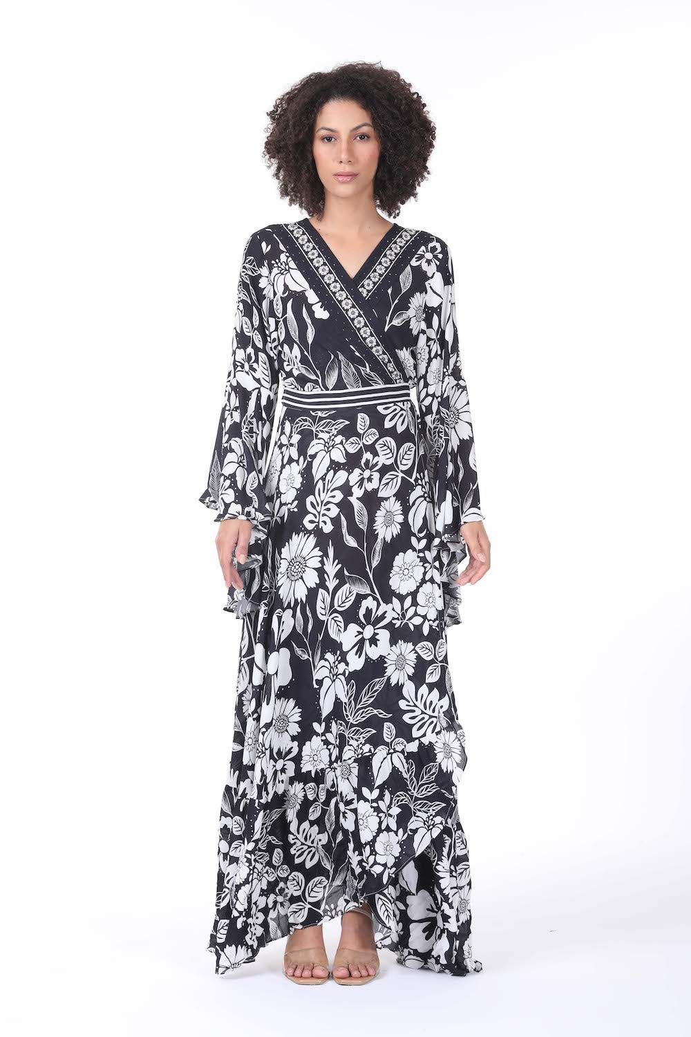 Front view of the black and white AVANTI - DAISY DRESS Modern design with Viscose fabric