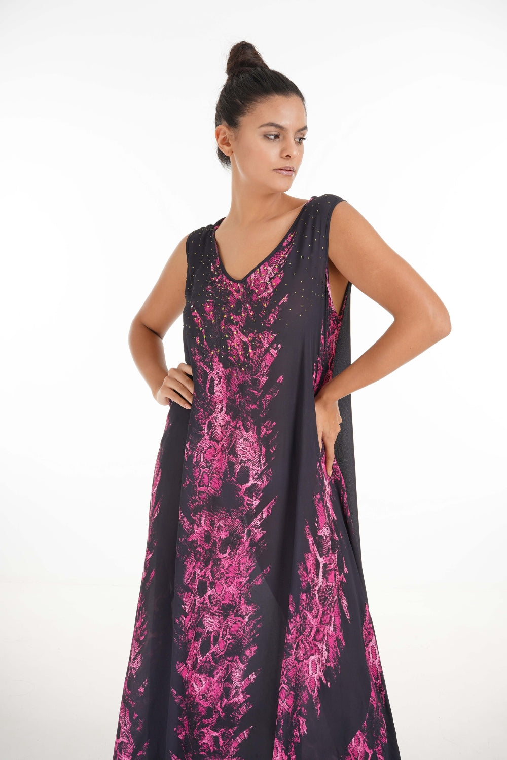 Front view of the Green, Pink & Black Seraphin Sleeveless Maxi Dress (TheSwankStore) Soft Viscose fabric