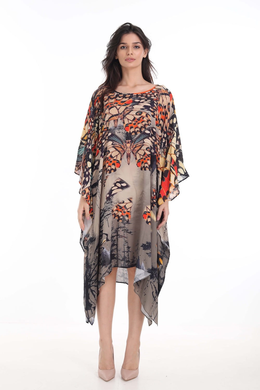 Front view of the Orange, White & Black Corasone Short Kaftan (TheSwankStore) Soft Viscose fabric