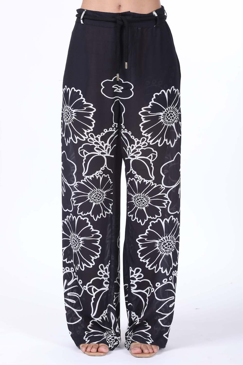 Front view of the black and white Avanti Lucy Pants (TheSwankStore) with Viscose Crepe fabric