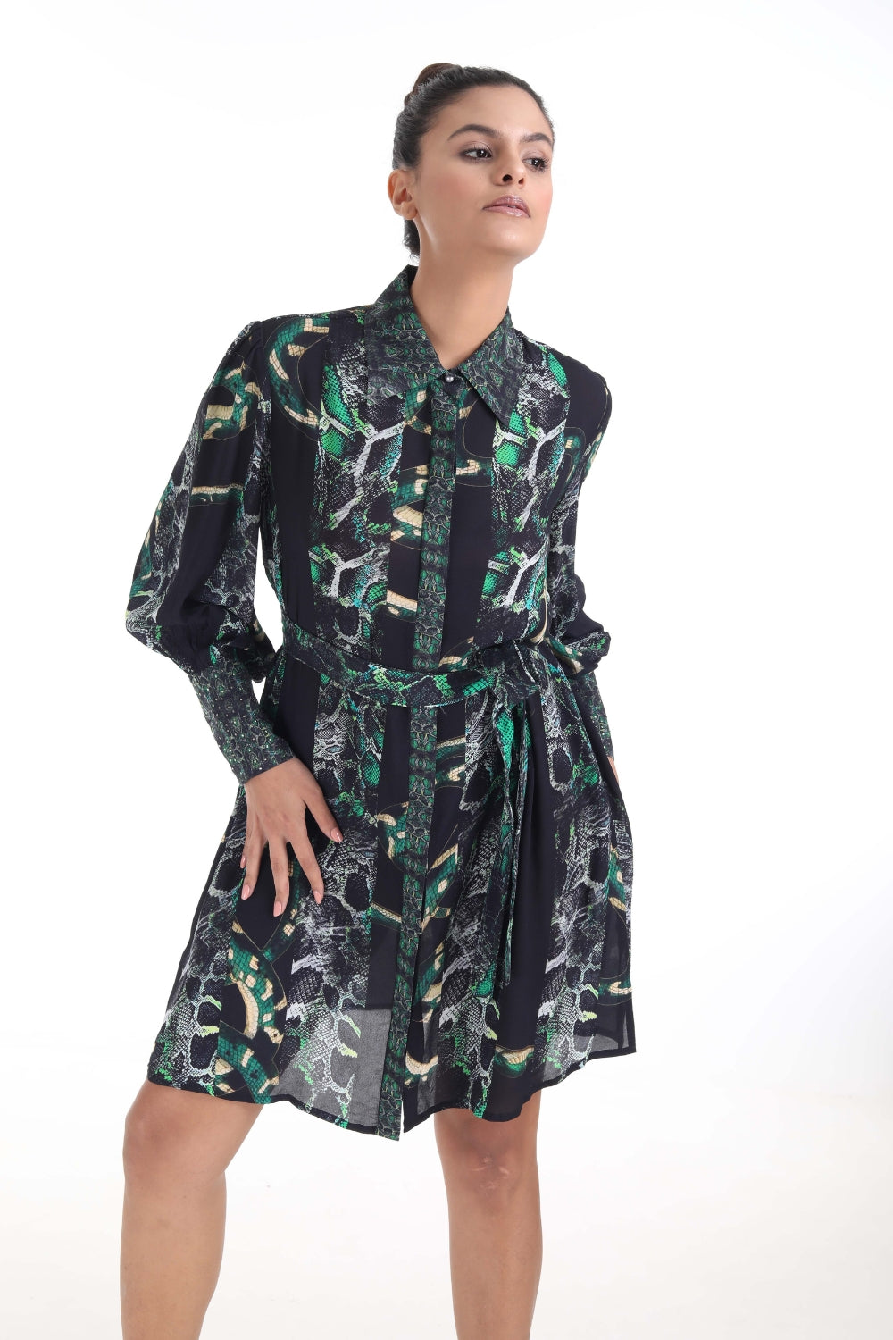 Front view of the Green, Yellow & Black Seraphin Midi Shirt Dress (TheSwankStore) Soft Viscose fabric