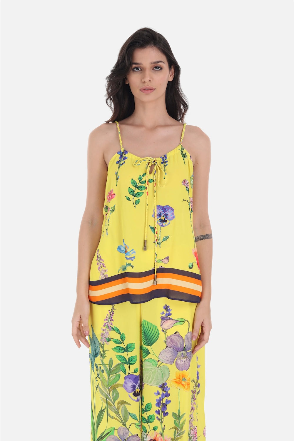 Yellow, green and black Calico Cami Top  (TheSwankStore) Viscose Crepe fabric