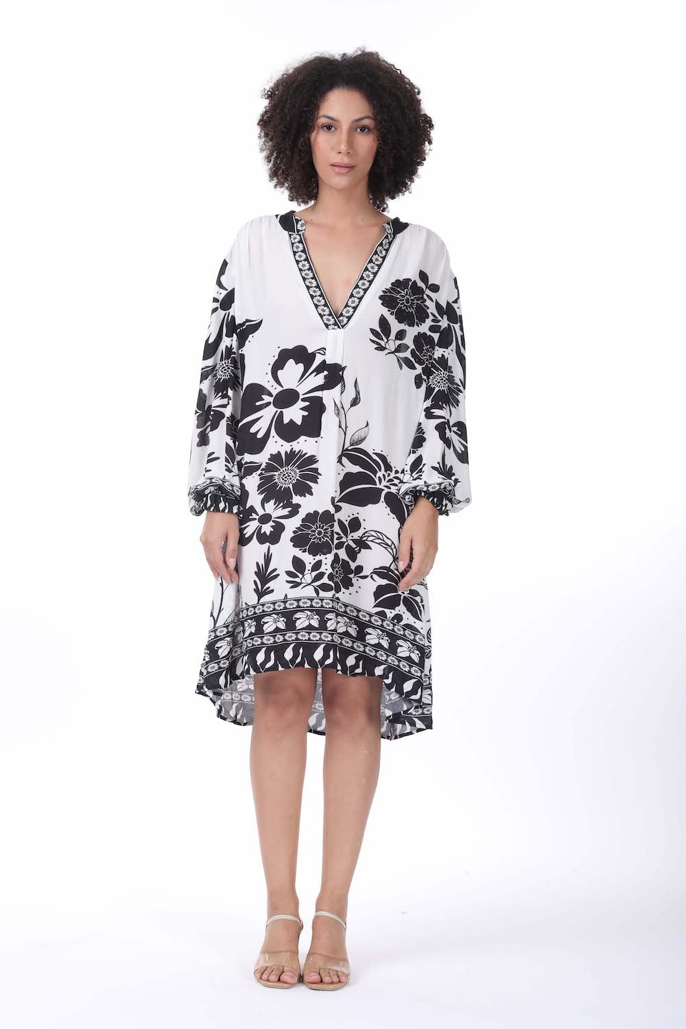 Front view of the black and white AVANTI Blouson Tunic Dress - Stylish Women's Outfit soft viscose fabric