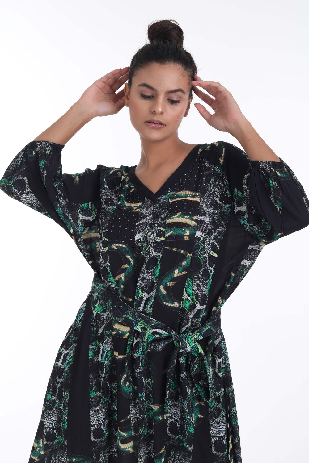 Front view of the Green, Yellow & Black Seraphin Midi Dress Slit Sleeve (TheSwankStore) Soft Viscose fabric