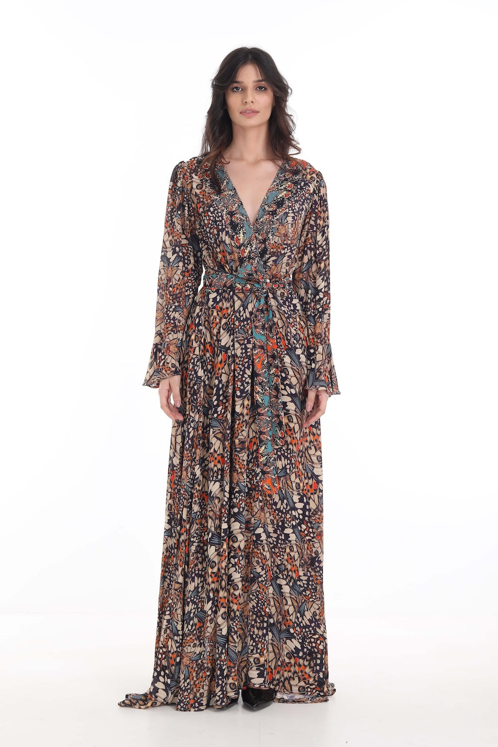 Front view of the Orange, White & Black Corasone Luxe Robe Gown (TheSwankStore) Soft Viscose fabric