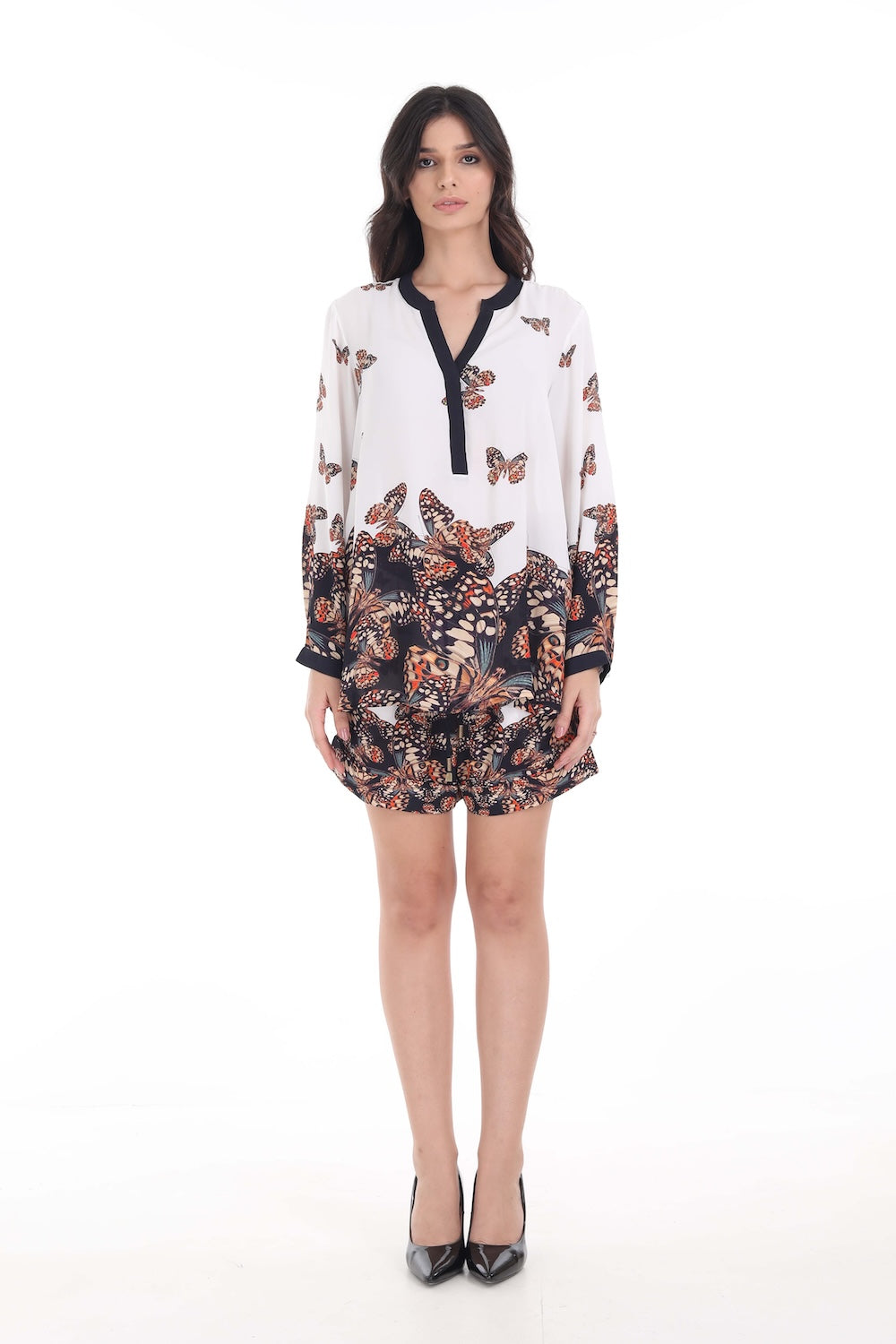 Front view of the Orange, White & Black Corasone Milano Shirt (TheSwankStore) Soft Viscose fabric