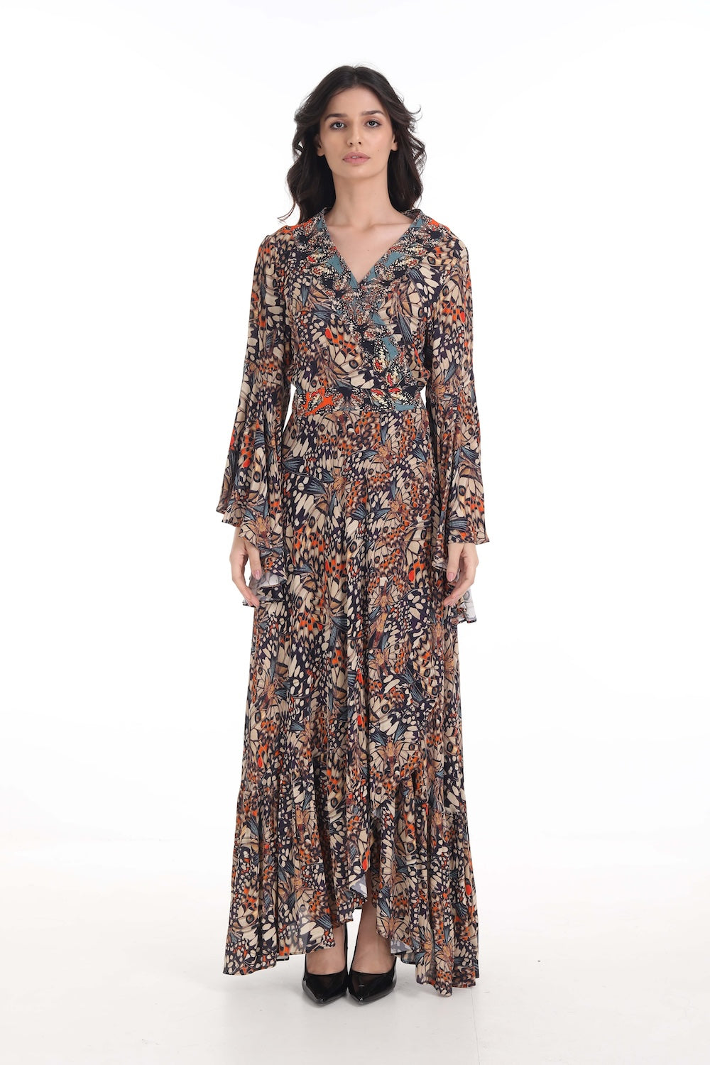 Front view of the Orange, White & Black Corasone Daisy Dress (TheSwankStore) Soft Viscose fabric