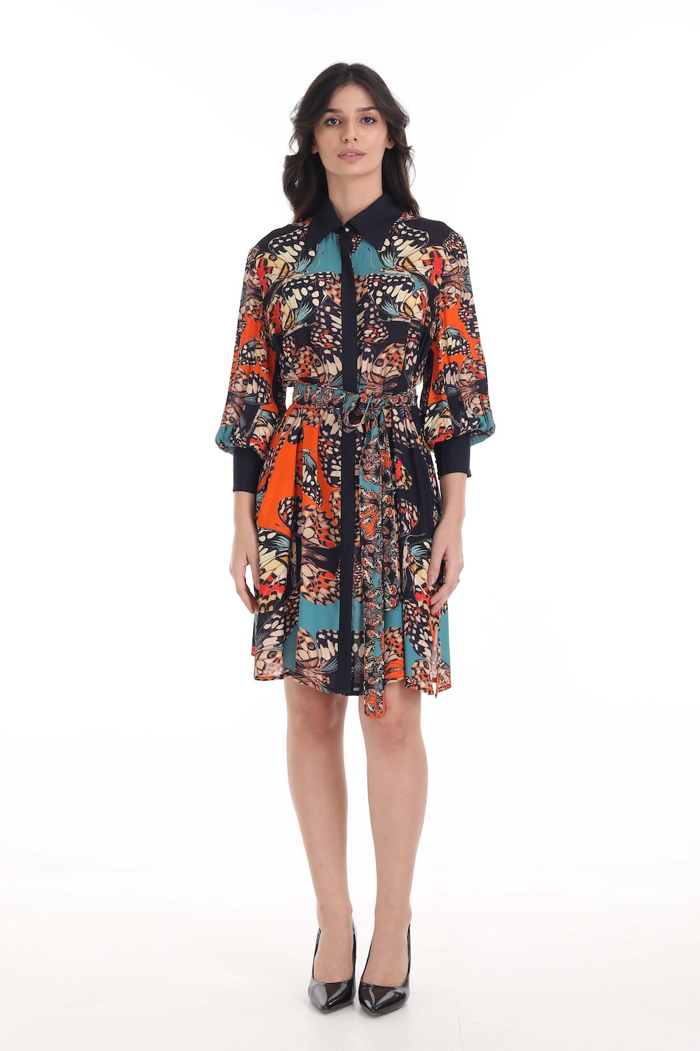 Front view of the Orange, White & Black Corasone Shirt Dress (TheSwankStore) Soft Viscose fabric