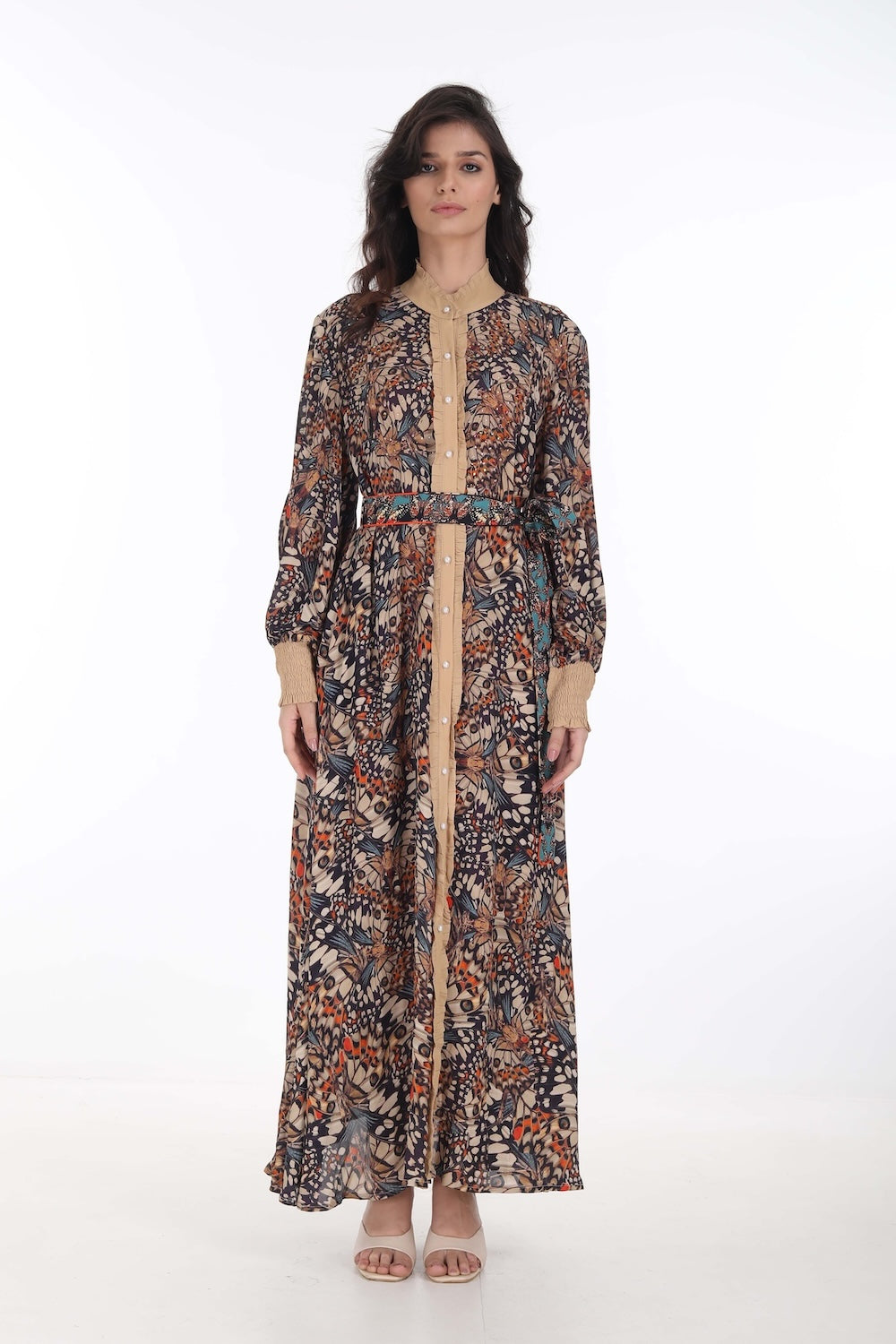 Front view of the Orange, White & Black Corasone Long Freya Dress (TheSwankStore) Soft Viscose fabric