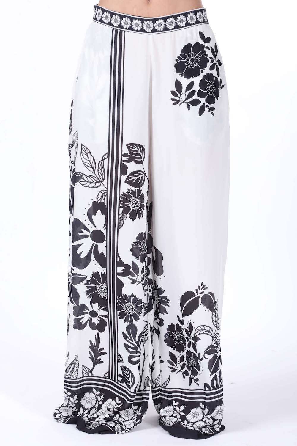 Front view of the black and white Avanti Ivy Pants - (TheSwankStore) with Premium Viscose Crepe fabric