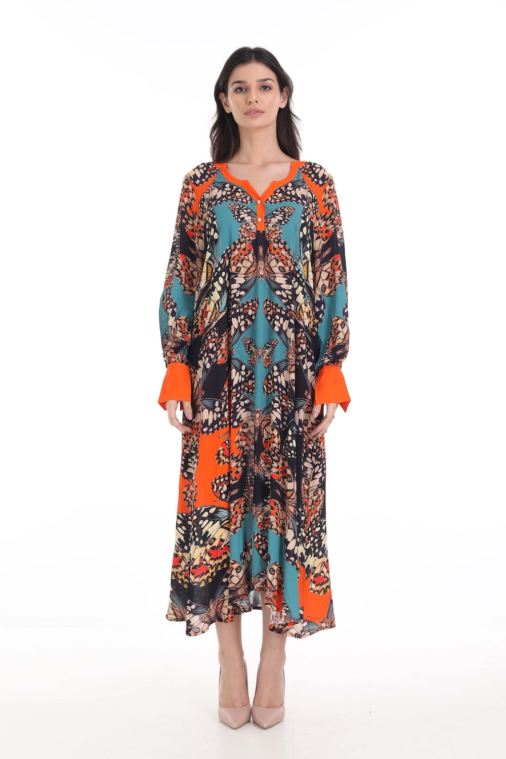 Front view of the Orange, White & Black Corasone Smock Dress (TheSwankStore) Soft Viscose fabric