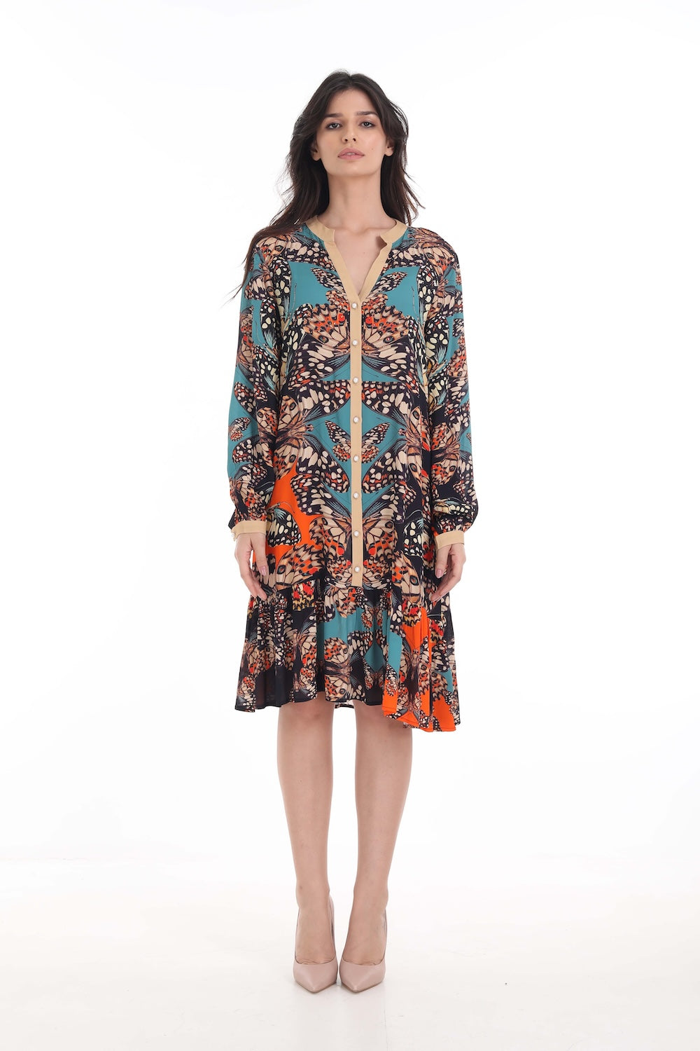 Front view of the Orange, White & Black Corasone Ava Dress (TheSwankStore) Soft Viscose fabric