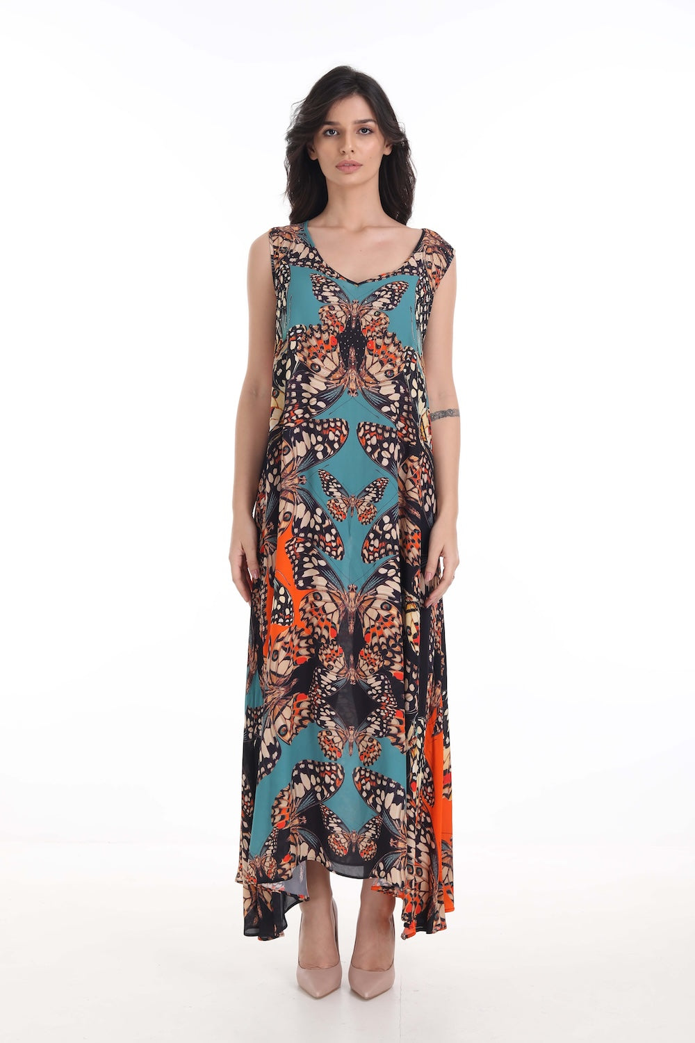 Front view of the Orange, White & Black Corasone Sleeveless Maxi Dress (TheSwankStore) Soft Viscose fabric