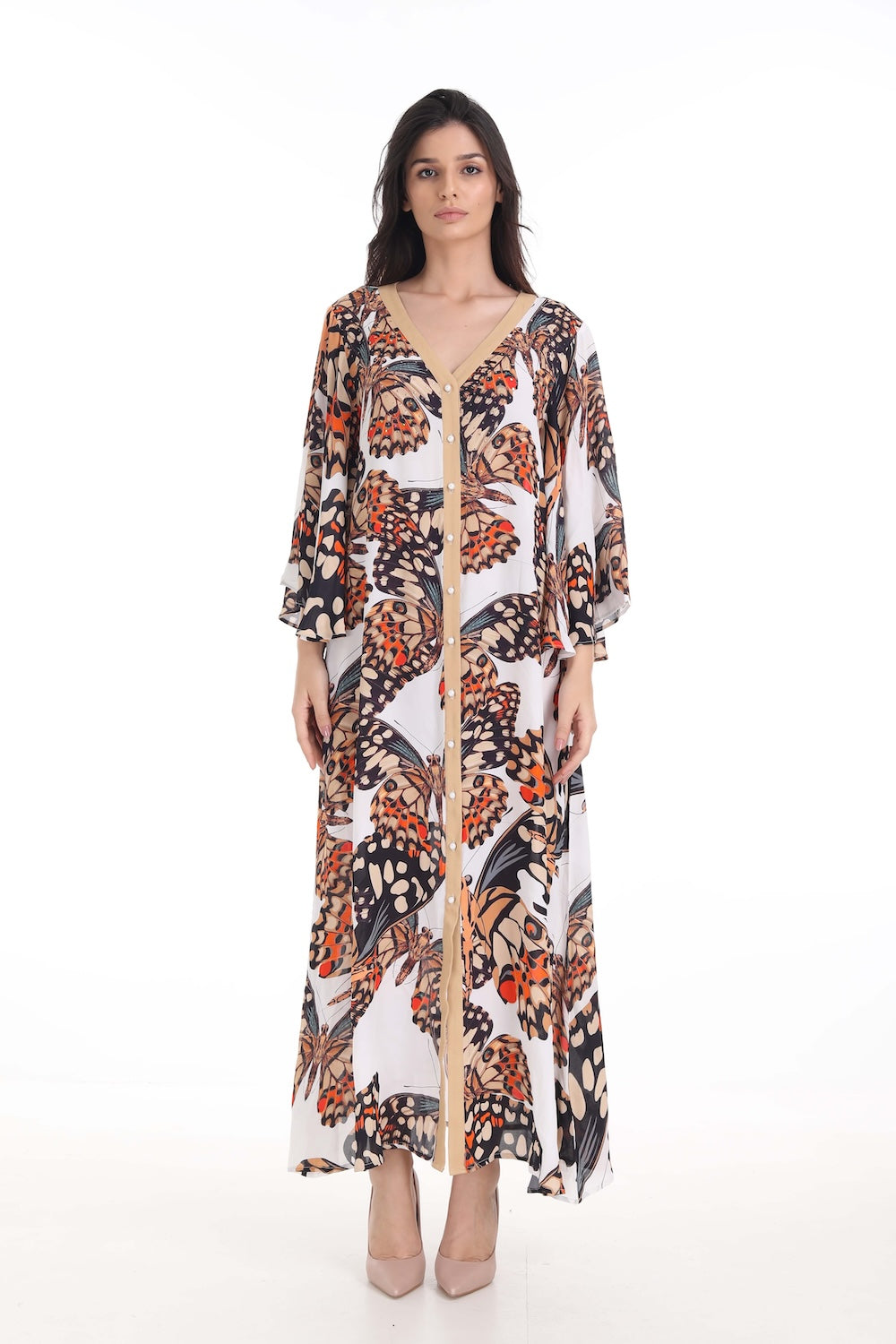 Front view of the Orange, White & Black Corasone Maxi Sun Dress (TheSwankStore) Soft Viscose fabric