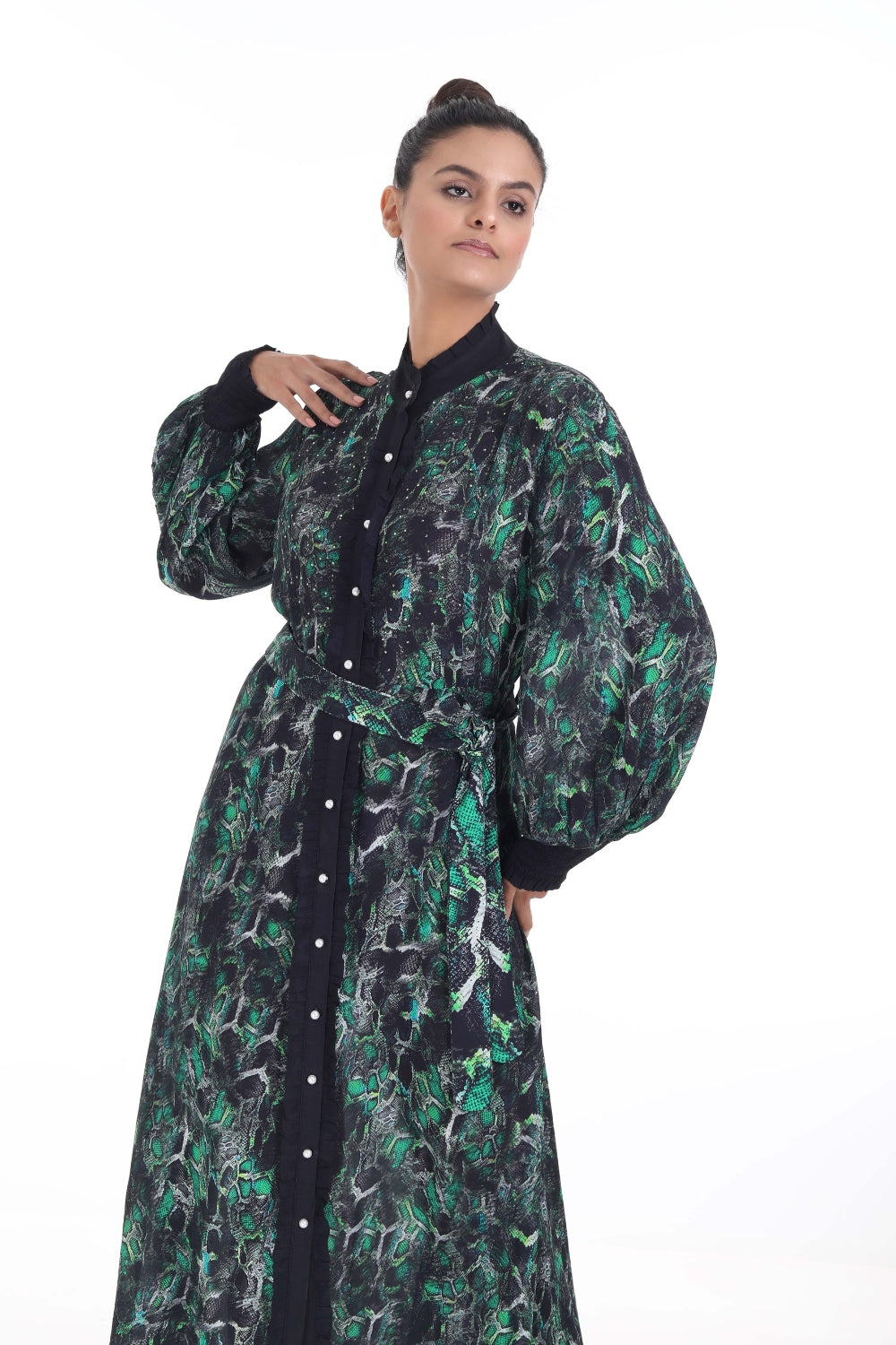 Front view of the Green, Yellow & Black Seraphin Freya Maxi Dress (TheSwankStore) Soft Viscose fabric