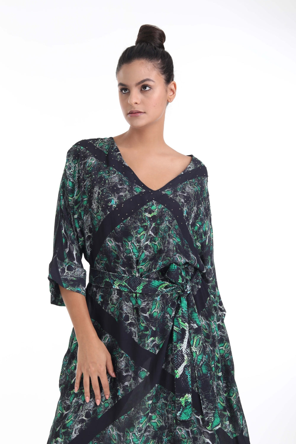 Front view of the Green, Yellow & Black Seraphin Midi Fish Dress (TheSwankStore) Soft Viscose fabric