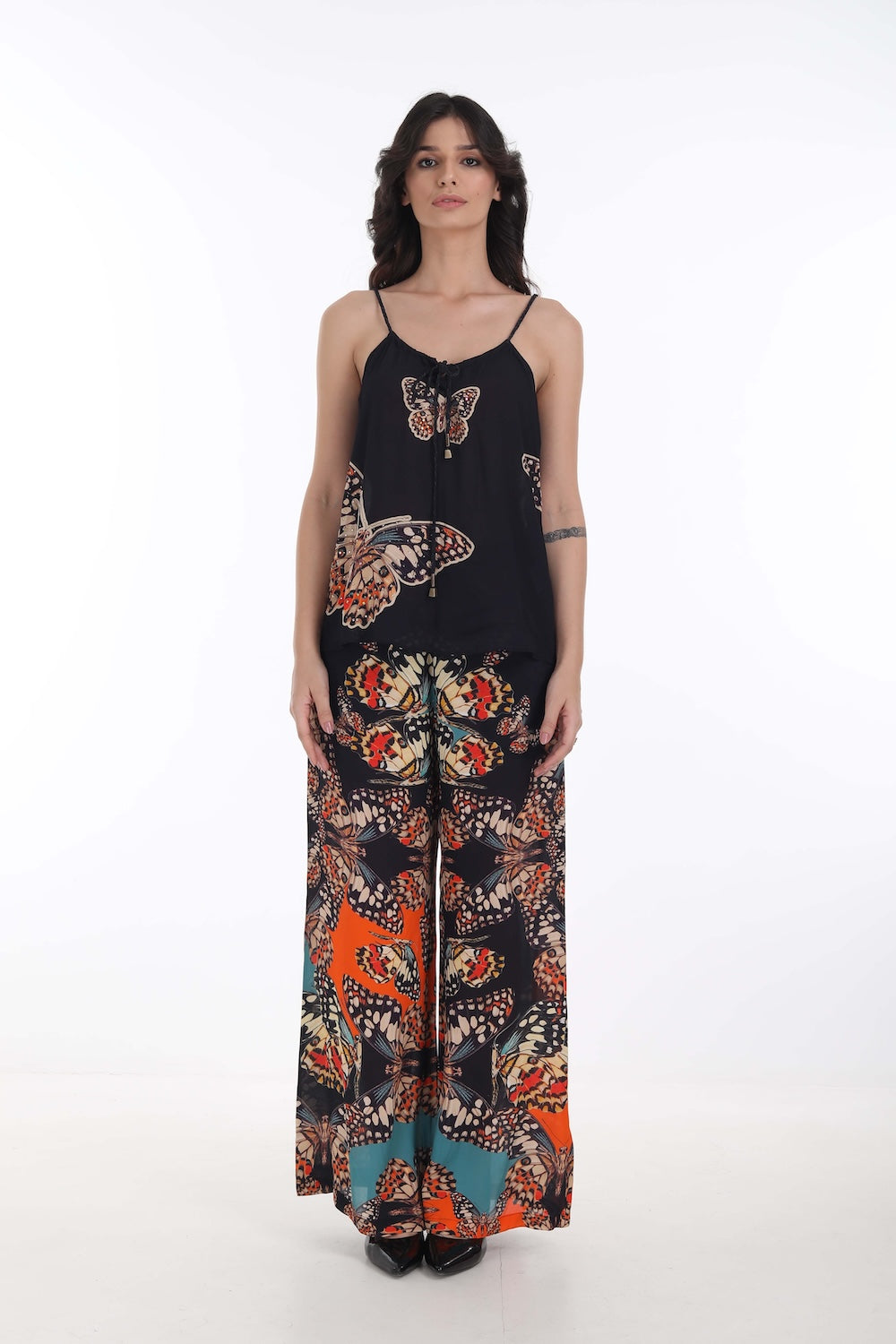 Front view of the Orange, White & Black Corasone Cami Top (TheSwankStore) Soft Viscose fabric