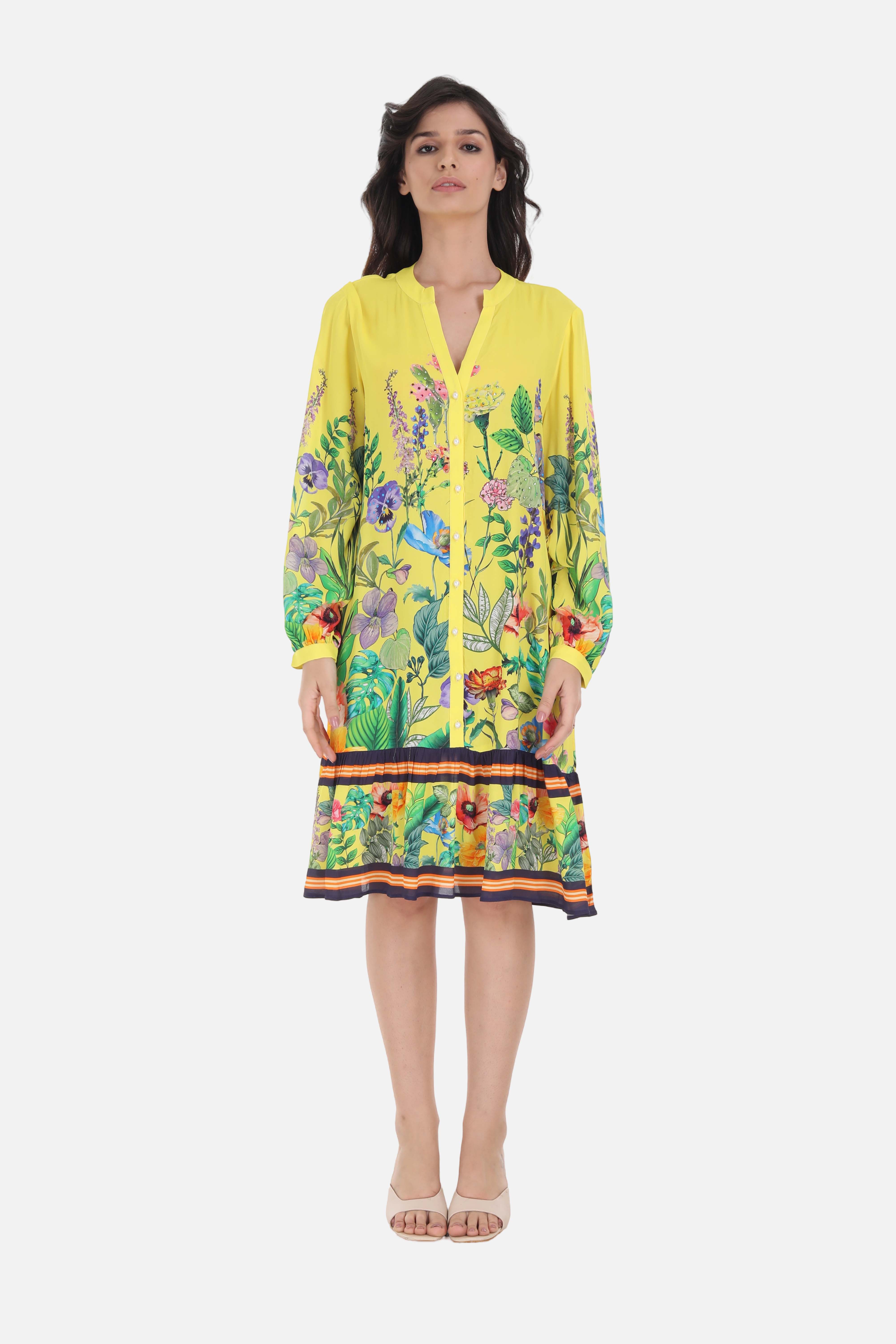 Front view of the Yellow and green Calico Ava Dress (TheSwankStore) Viscose Crepe fabric