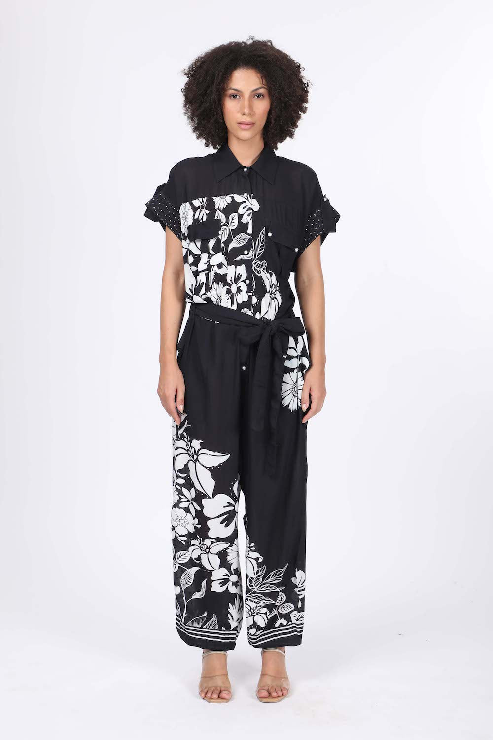 Front view of the black and white Avanti Lena Jumpsuit (TheSwankStore with Viscose fabric