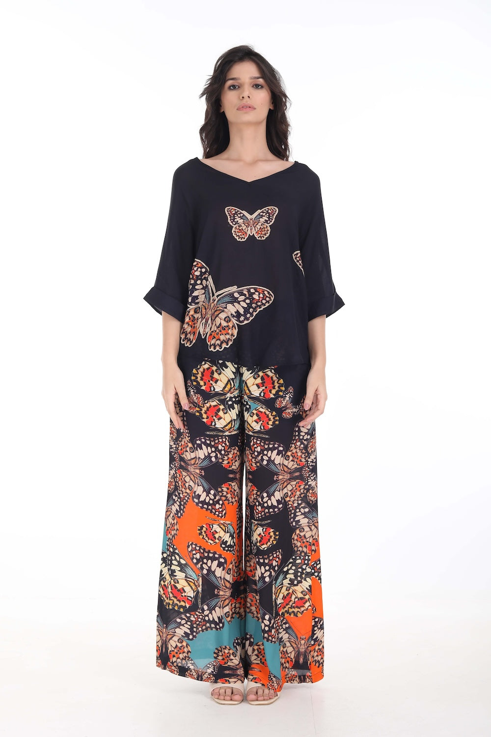 Front view of the Orange, White & Black Corasone Kaftan Top (TheSwankStore) Soft Viscose fabric
