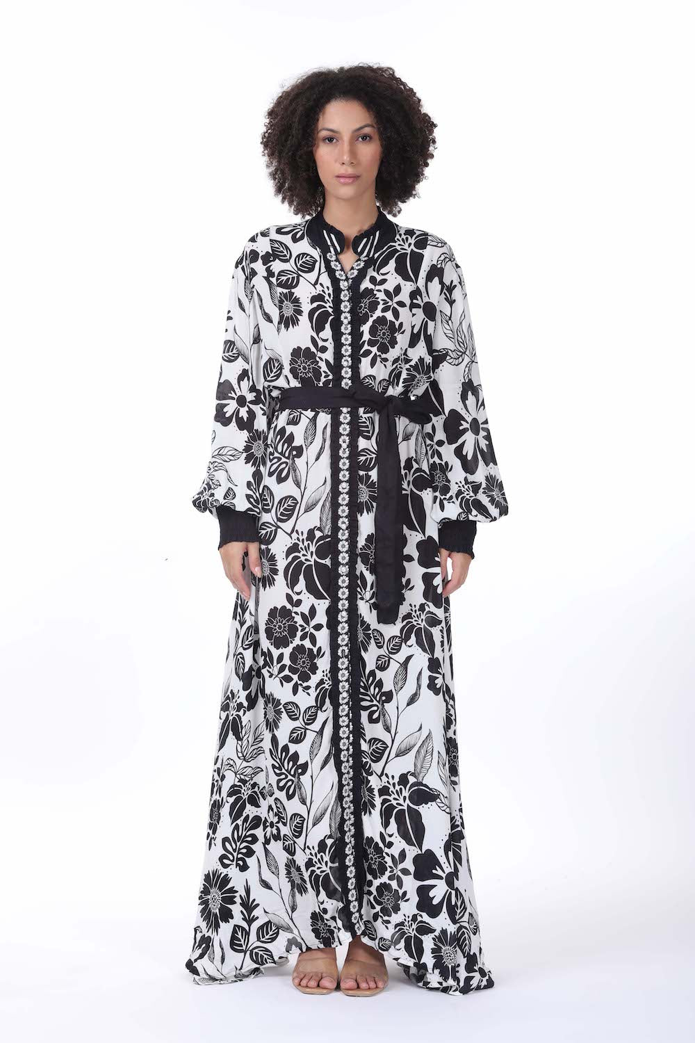 Front view of the black and white Avanti Long Freya Dress (TheSwankStore) with Viscose Crepe fabric