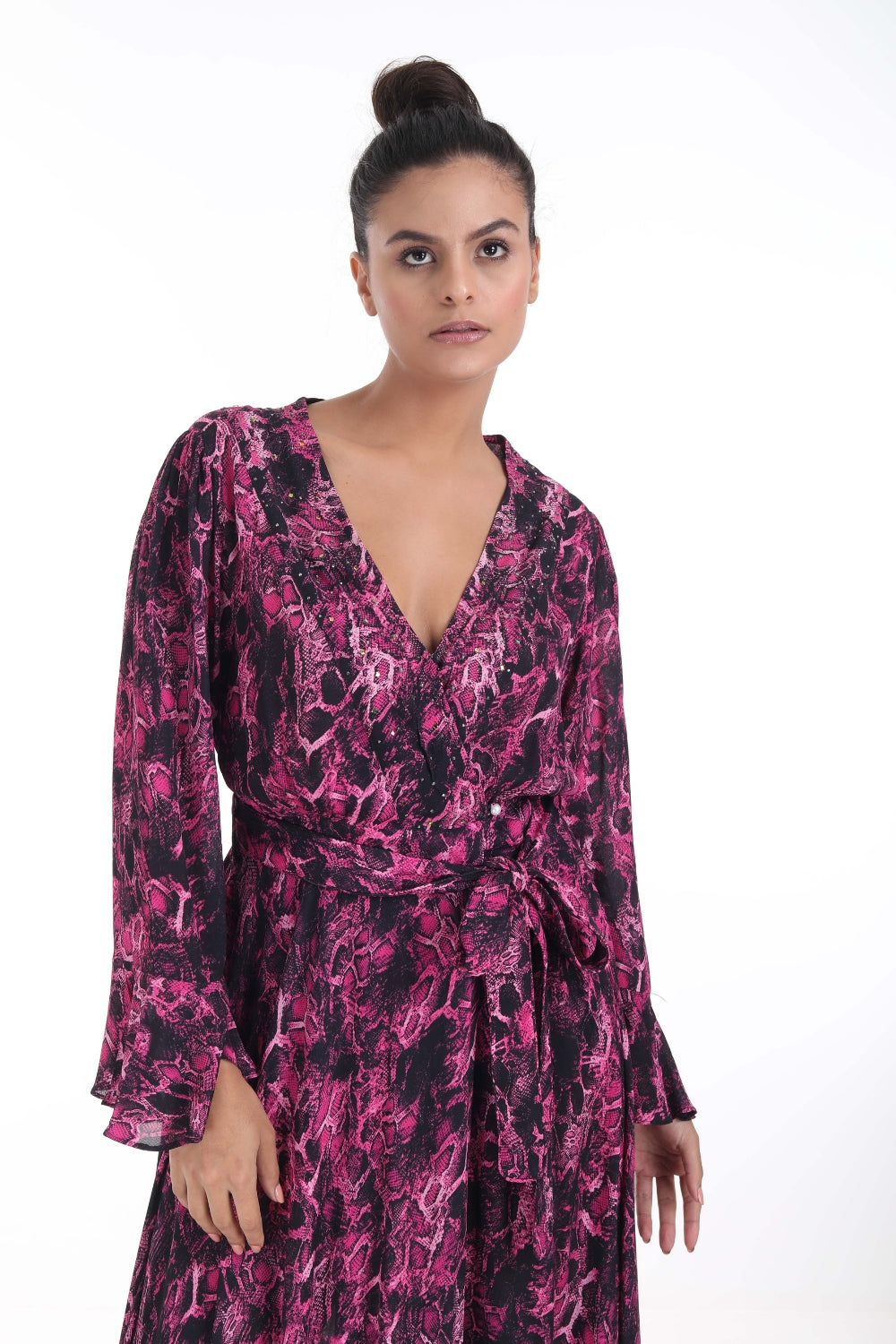 Front view of the Green, Yellow & Pink Seraphin Maxi Robe Dress (TheSwankStore) Soft Viscose fabric